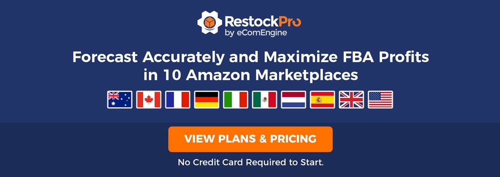 RestockPro logo with text, "Forecast accurately and maximize FBA profits in 10 Amazon marketplaces"