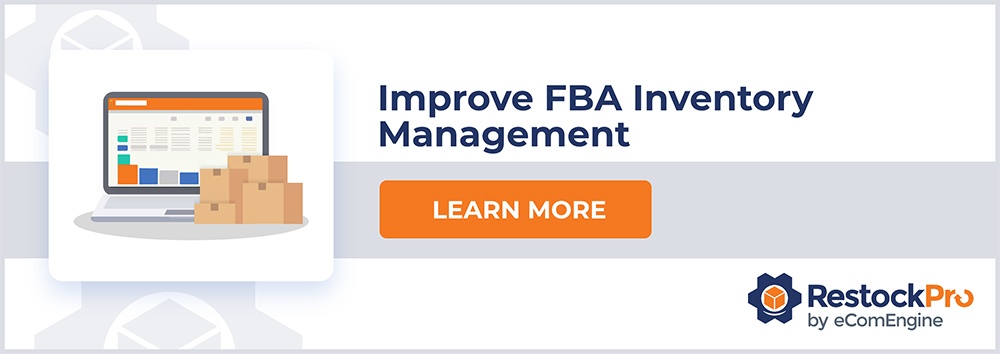 Stack of boxes next to laptop with text, "Improve FBA inventory management" above button with text, "Learn more"