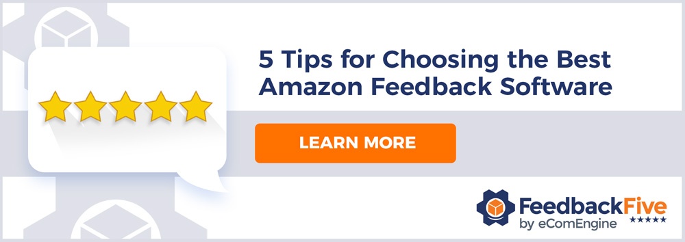 Five gold stars in a chat bubble with text, "Five tips for choosing the best Amazon feedback software"