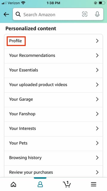 Amazon profile link on mobile