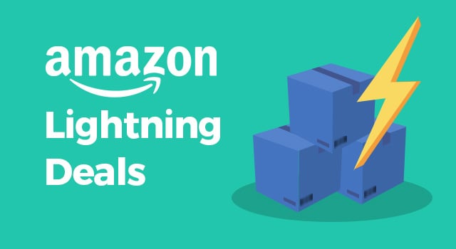 Illustration of stacked boxes and lightning with text, "Amazon Lightning Deals"