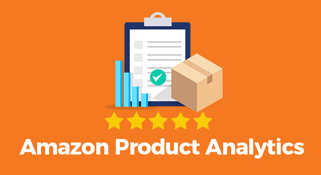 Orange background with clipboard, graph, box, and five yellow stars above text, "Amazon product analytics"