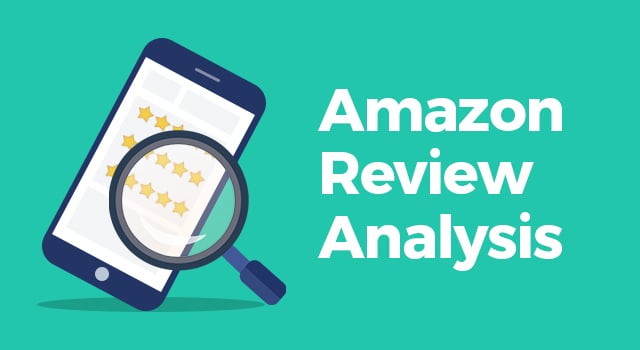 Magnifying glass hovering over a product review on mobile phone with text, "Amazon review analysis"