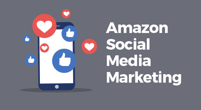 Illustration of a phone and social media icons with text, "Amazon social media marketing"