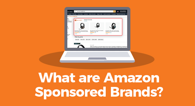 Amazon search results page on a laptop computer with text, "What are Amazon Sponsored Brands?"