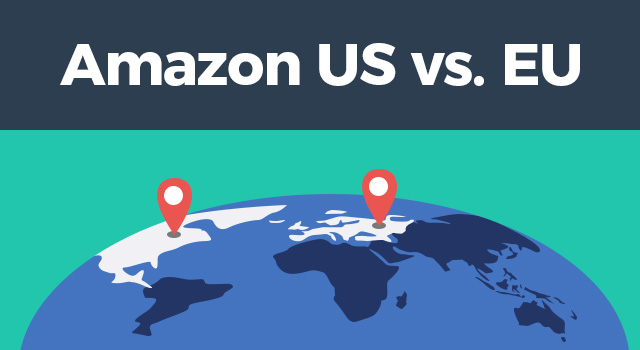 Illustration of a globe with location points and text, "Amazon US vs. EU"