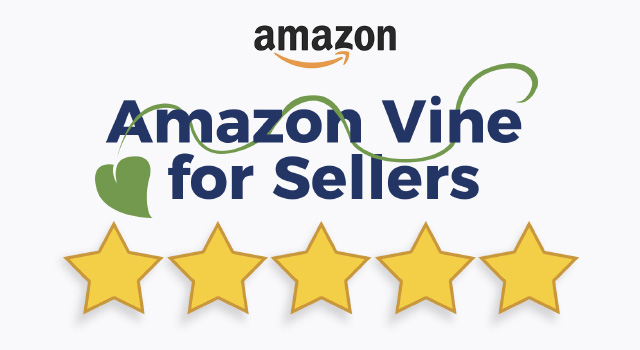 Amazon logo and five gold stars with text, "Amazon Vine for sellers"