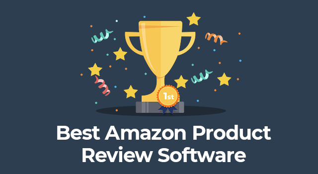 Trophy and first place ribbon with text, "Best Amazon product review software"