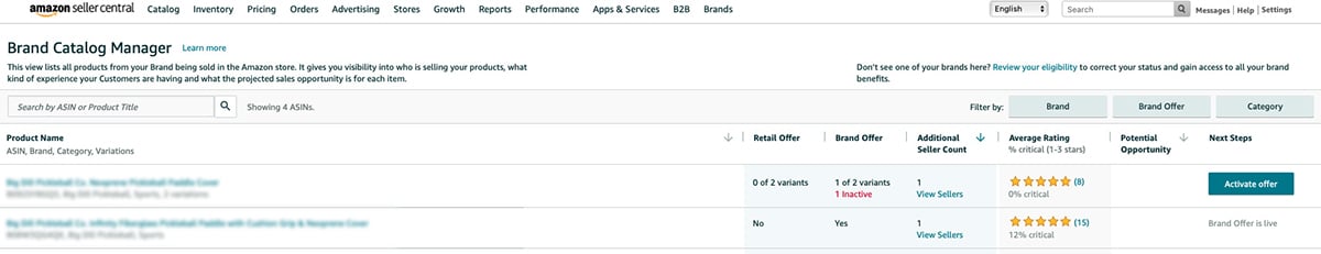 Screenshot of an Amazon seller's Brand Catalog Manager tool in Seller Central