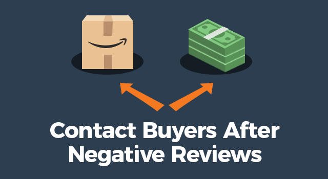 Diverging arrows pointing to an Amazon box or cash with text, "Contact buyers after negative reviews"