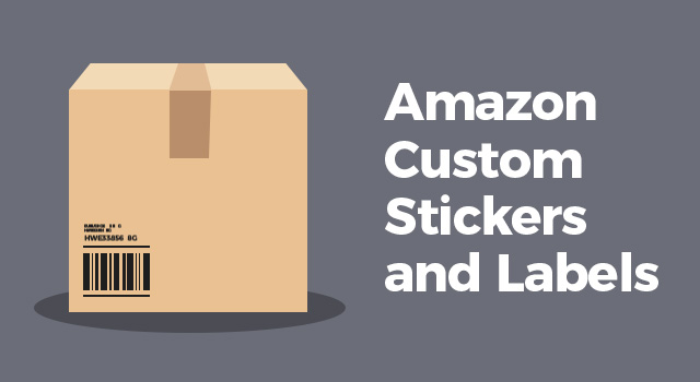 Illustration of a box and barcode with text, "Amazon custom stickers and labels"