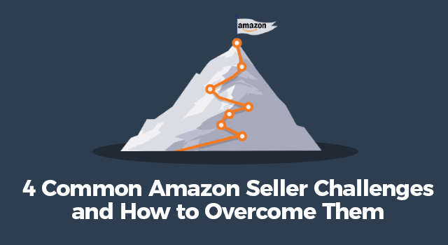 Flag at the top of a mountain with text, "4 common Amazon seller challenges and how to overcome them"