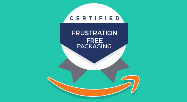 Badge with the Amazon smile logo and text "certified frustration free packaging"