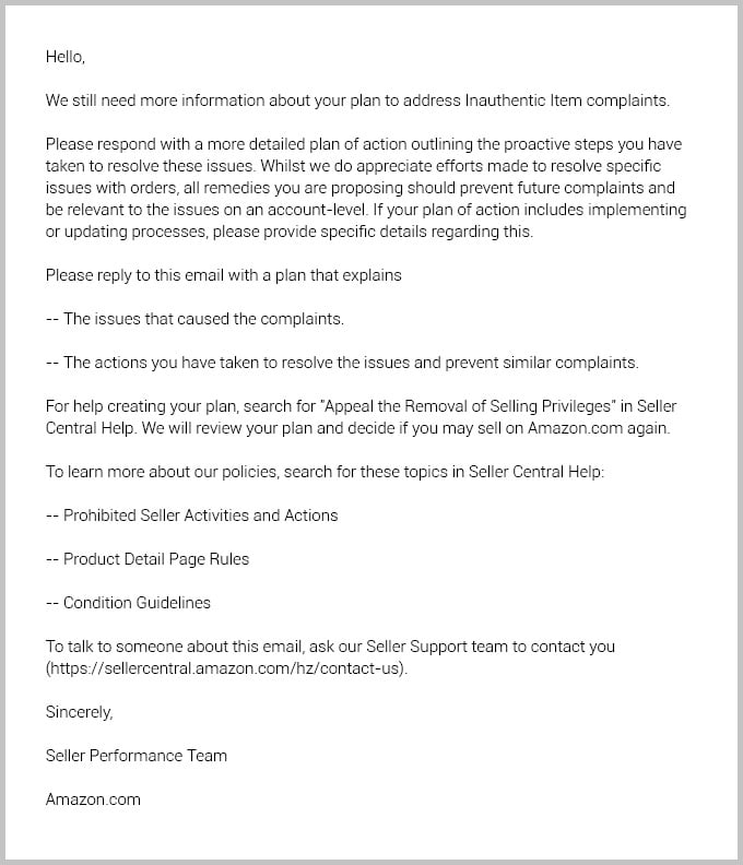 Email regarding inauthentic items on Amazon
