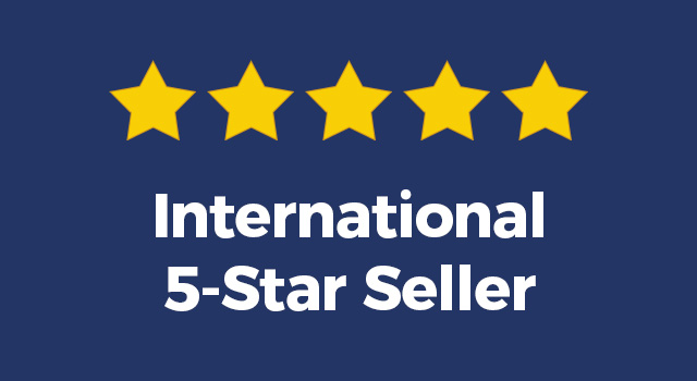 Illustration of five star with text, "International 5-star seller"