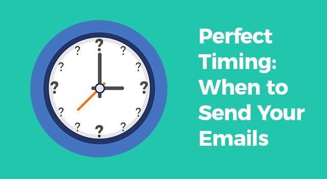 Image of a clock with question marks instead of numbers with text, "Perfect timing: When to send your emails"