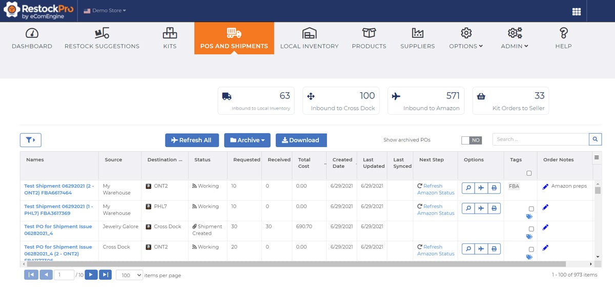 Purchase orders and shipments view in RestockPro