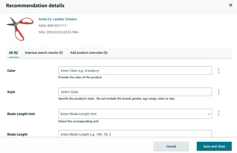 Recommendation details window in Amazon Listing Quality Dashboard
