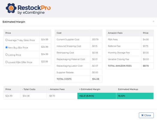 Estimated margin calculator in RestockPro