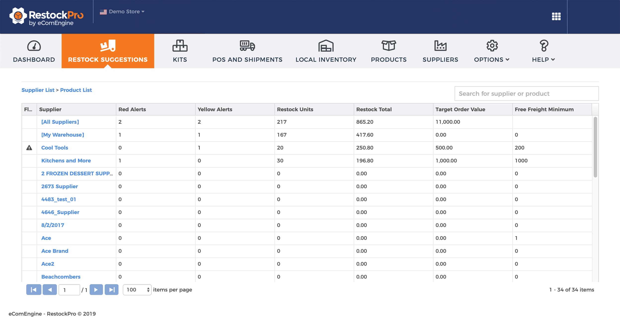 Supplier list view in RestockPro