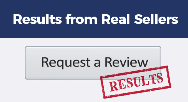 Gray request a review button with red stamp overlay below text, "Results from real sellers"