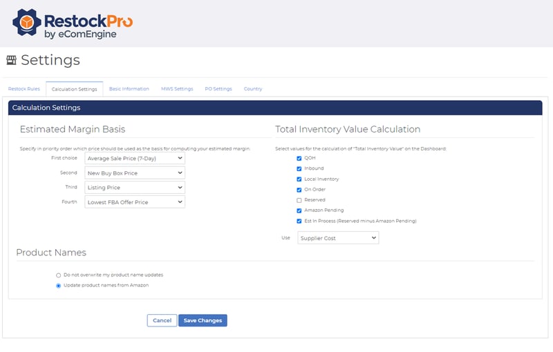 Calculation settings window in RestockPro