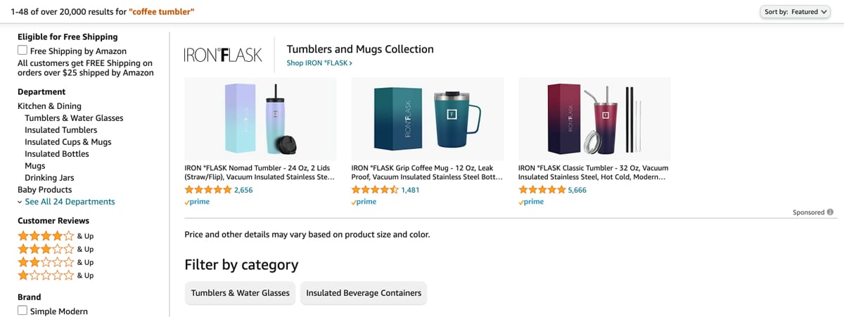 Amazon Sponsored Brands ad for a coffee tumbler
