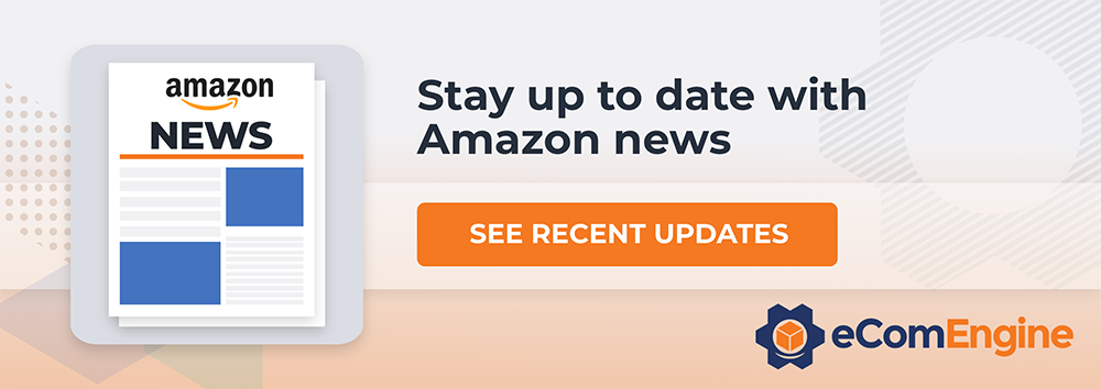 Illustration of laptop with Amazon news on screen with text, "Stay up to date with Amazon news" and button with text, "See recent updates"