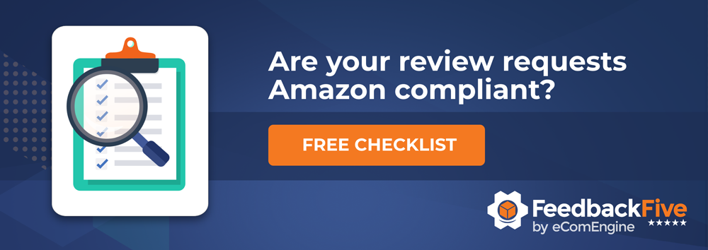 Checklist illustration with magnifying glass next to text, "Are your review requests Amazon compliant?" above button with text, "Find out"