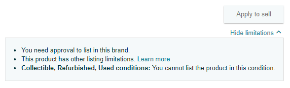 Additional listing limitations when adding a product in Seller Central