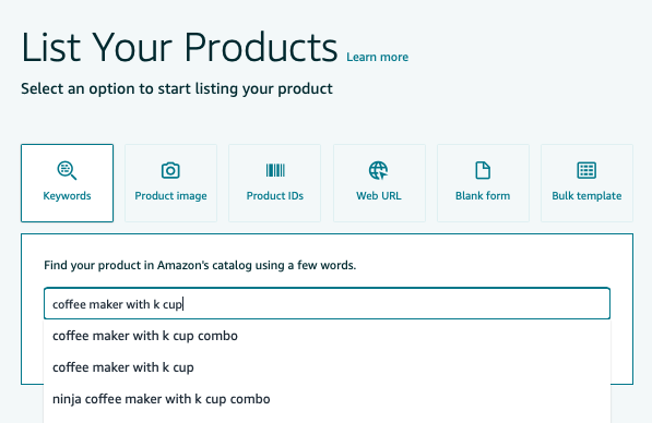 AI-powered listing your products dropdown in Seller Central