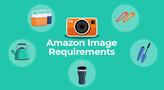 Hair clips, mascara brushes, drink tumbler, tea pot, cooler, and camera with text, "Amazon image requirements" 