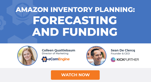 Photos of presenters with text, "Amazon inventory planning: Forecasting and funding"