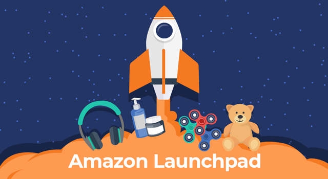 Rocket blasting off above several products with text, "Amazon Launchpad"