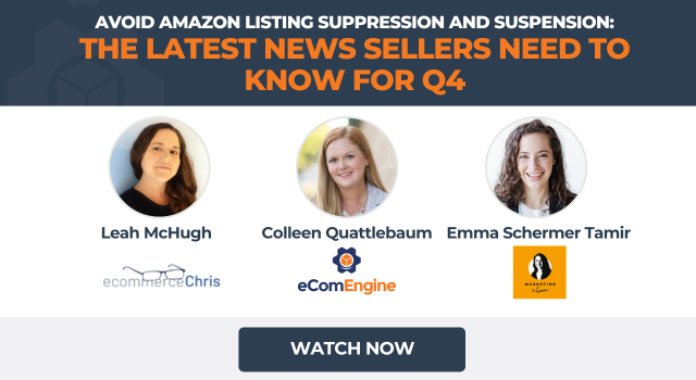 Image of presenters with text, "Amazon listing suppression and suspension"