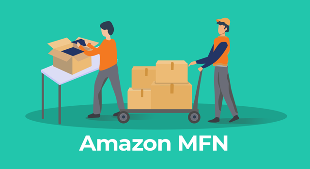 Workers packing boxes and moving them on a pallet jack with text, "Amazon MFN"