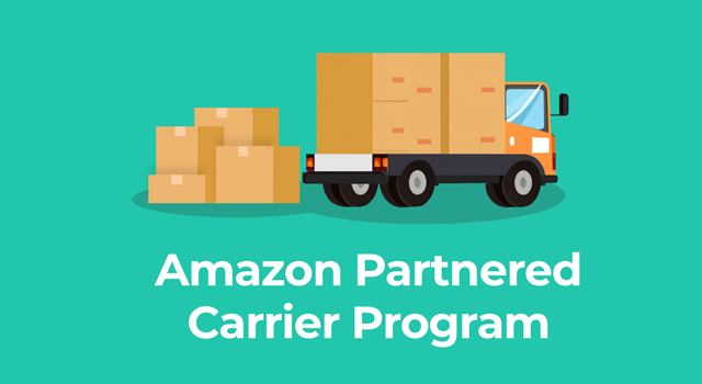 Boxes next to a truck with text, "Amazon Partnered Carrier program"