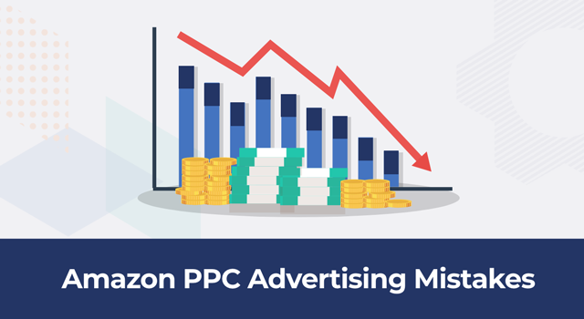 Bar chart with money trending downwards with text, "Amazon PPC advertising mistakes"