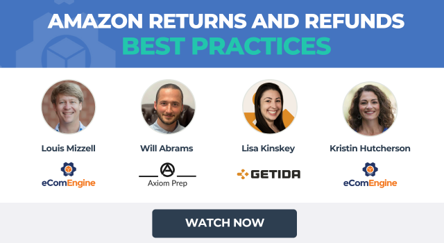 Image of presenters with text, "Amazon returns and refunds best practices"