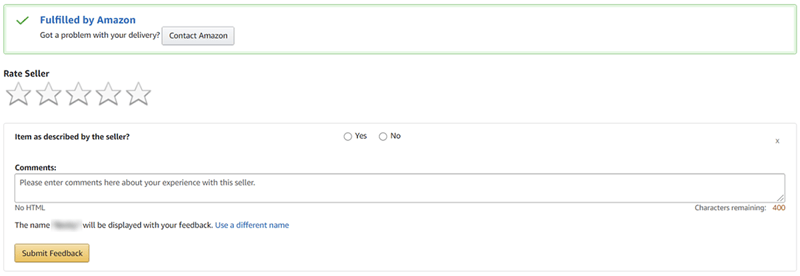 Amazon seller feedback form for an FBA order