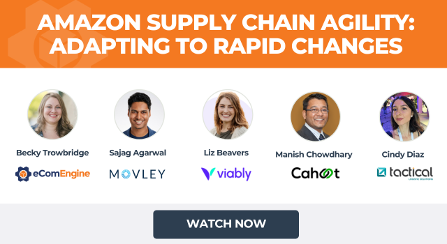 Image of presenters with text, "Amazon supply chain agility"