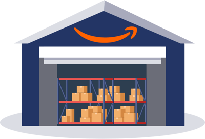 Illustration of warehouse with boxes and Amazon smile