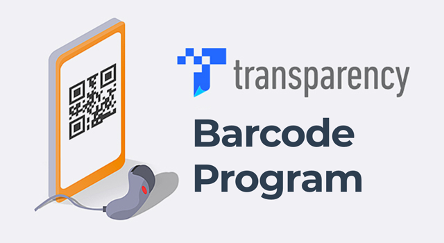 Amazon Transparency program logo, mobile phone showing a barcode, and barcode scanner with text, "barcode program"