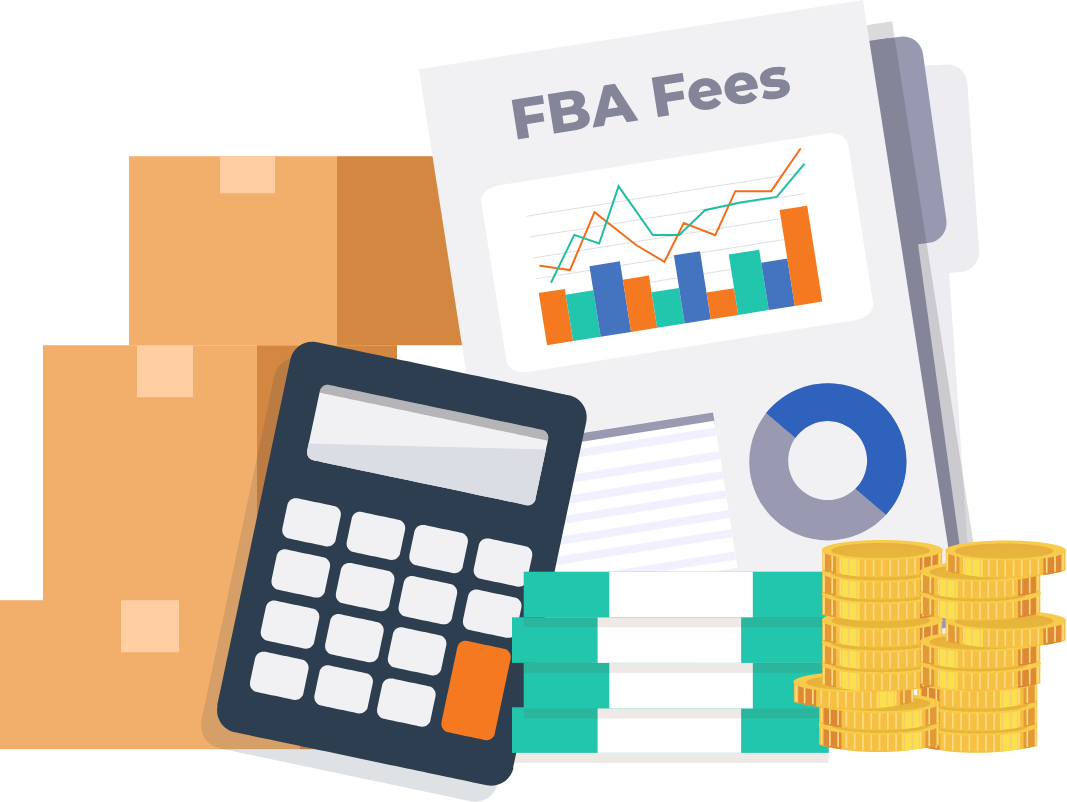 Boxes, money, calculator, and FBA fees report