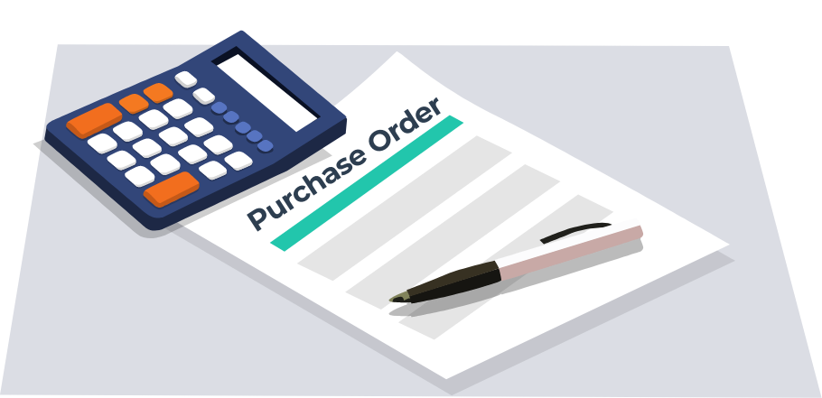 Illustration of calculator, pen, and purchase order document