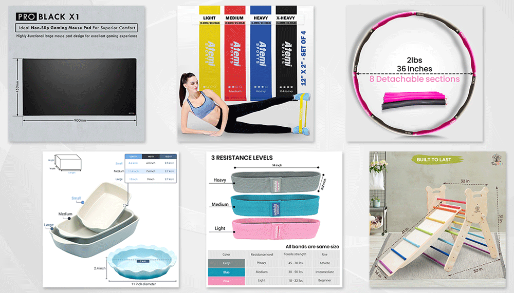 Composite image of Amazon infographics with dimensions information 