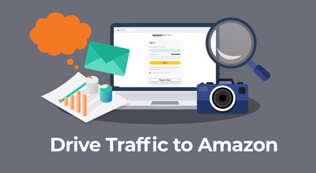 Illustration of Amazon listing on laptop with icons and text, "Drive external traffic to Amazon"