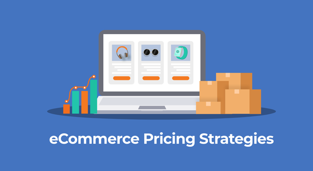 Sales chart, computer displaying online retail products, and boxes with text, "eCommerce pricing strategies"