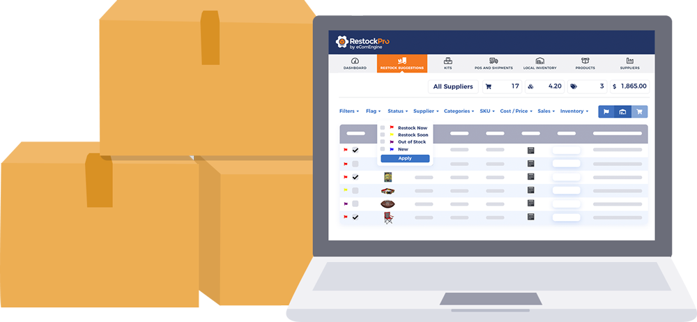 RestockPro on laptop with boxes