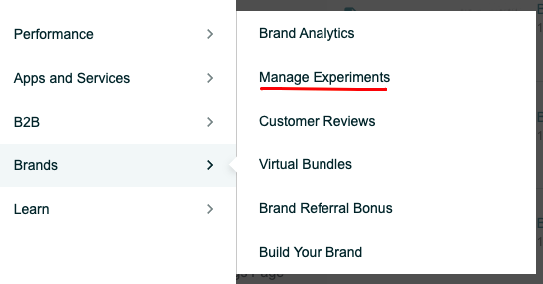 Seller Central menu with red line under "Manage Experiments" text